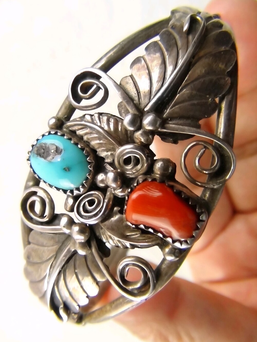 Navajo Fannie Ashley 19g 6-5/8" Sterling Turquoise Coral Cuff Bracelet Native